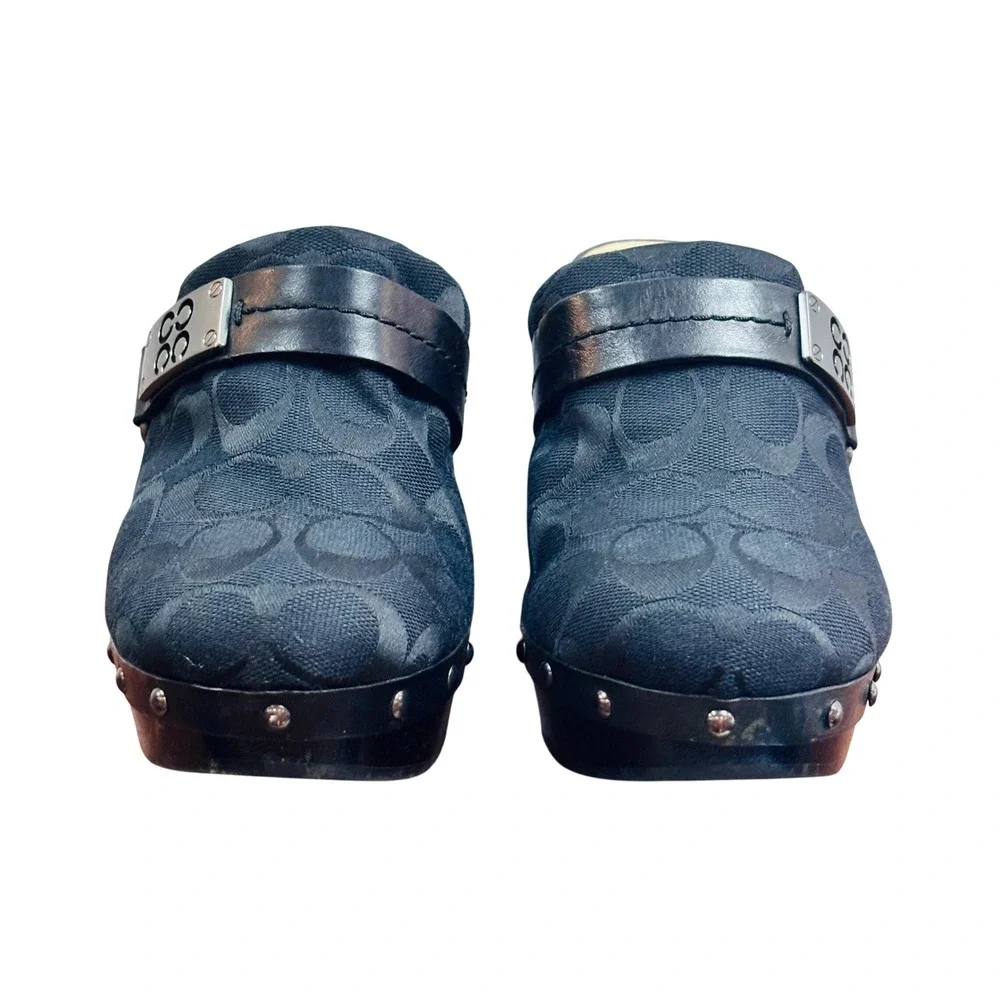 Coach Ivy Black Signature Jacquard Studded Wooden Platform Clogs Mules F2370 8B
